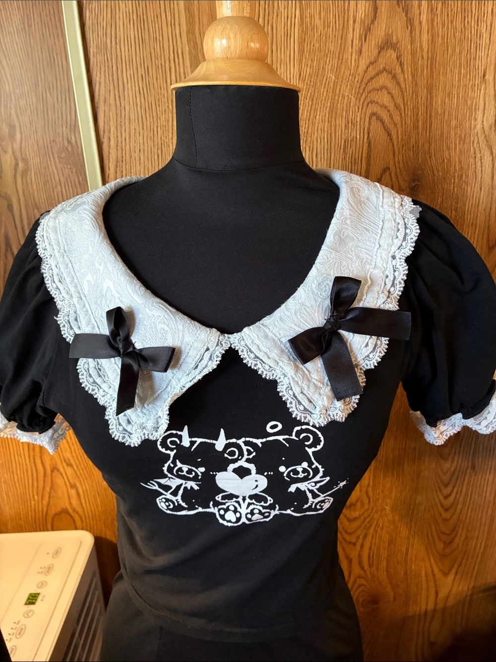 Dark in Love Black Angel Top with White Lace Peter Pan Collar and Ribbon Bows M